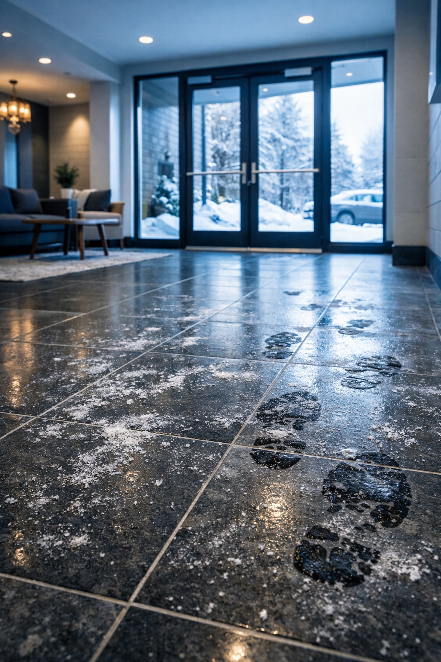 Apartment lobby with winter salt residue on floors showing Midwest cleaning challenges
