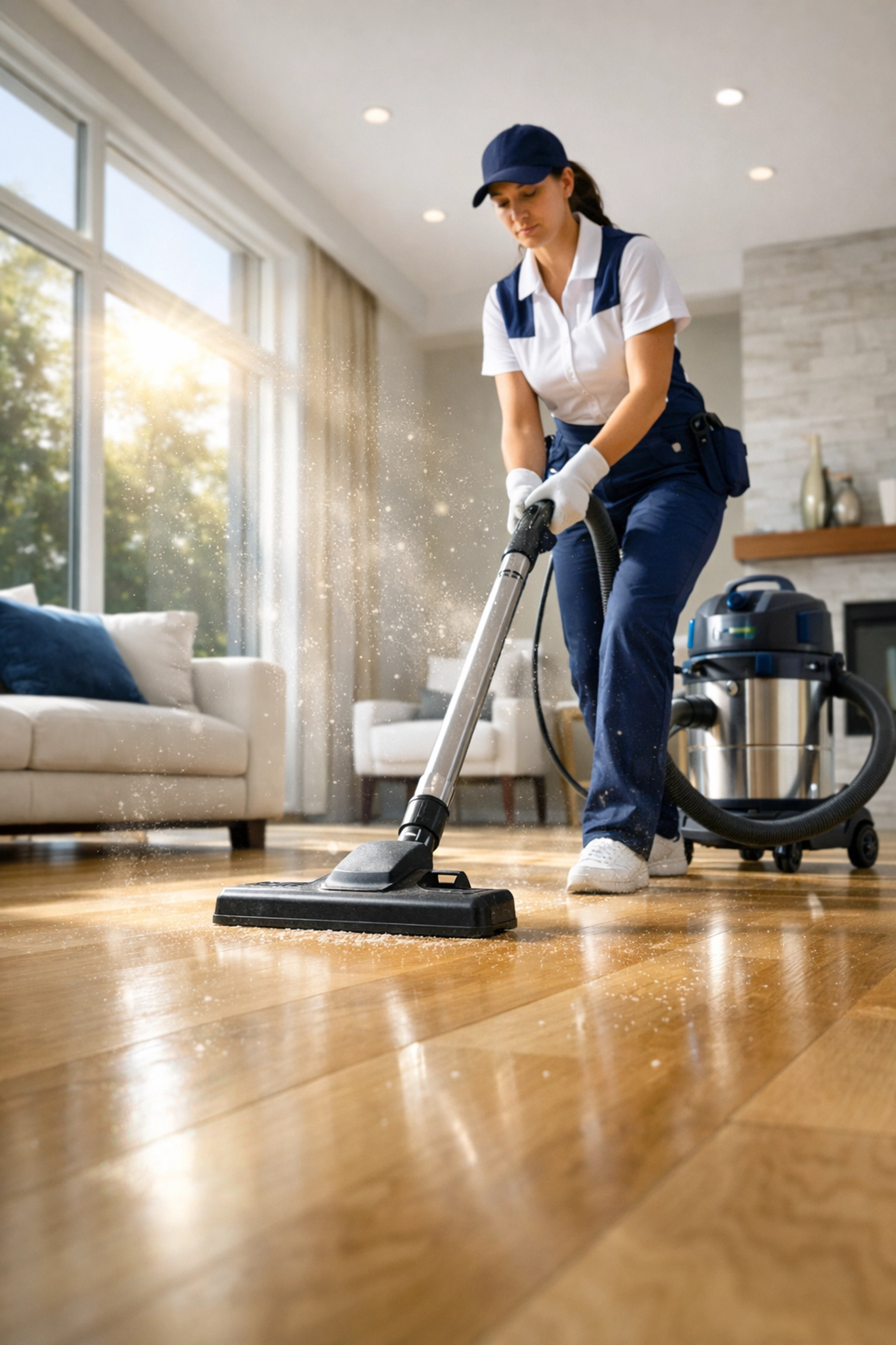 A pro using a HEPA vacuum to remove construction dust during a Southborough house cleaning.