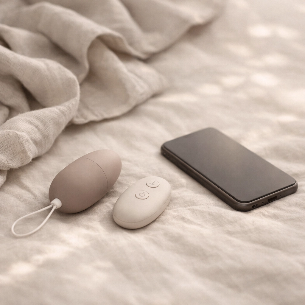 A remote-control sexual wellness device on a bed, representing modern tech-enabled intimate self-care.
