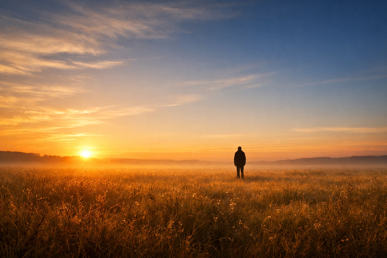 A peaceful person standing in a wide meadow at sunrise representing divine peace and spiritual grounding.