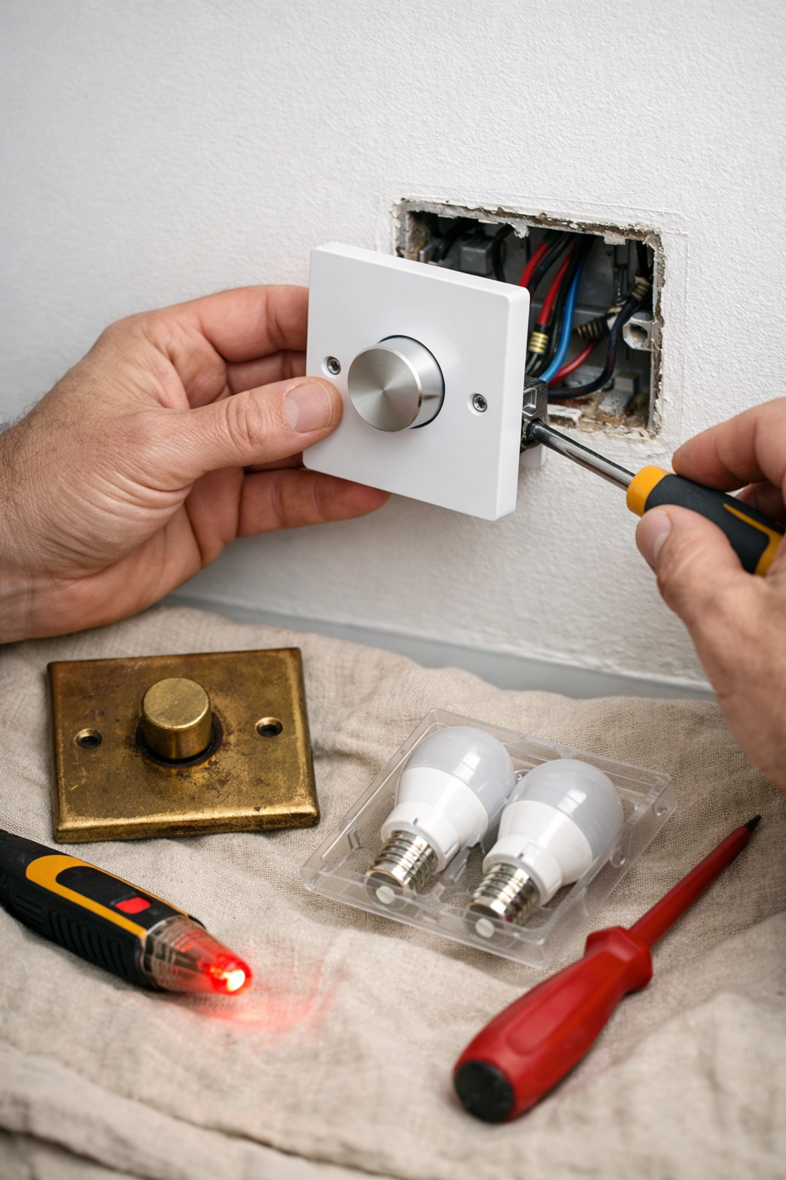 Electrician Bournemouth installing LED-compatible dimmer switch on UK wall