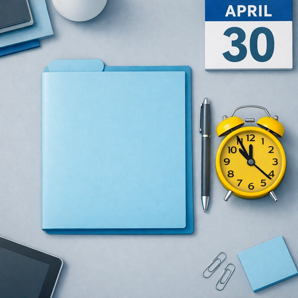 Organized workspace and clock representing the April deadline for 2026 tax preparation New Haven.