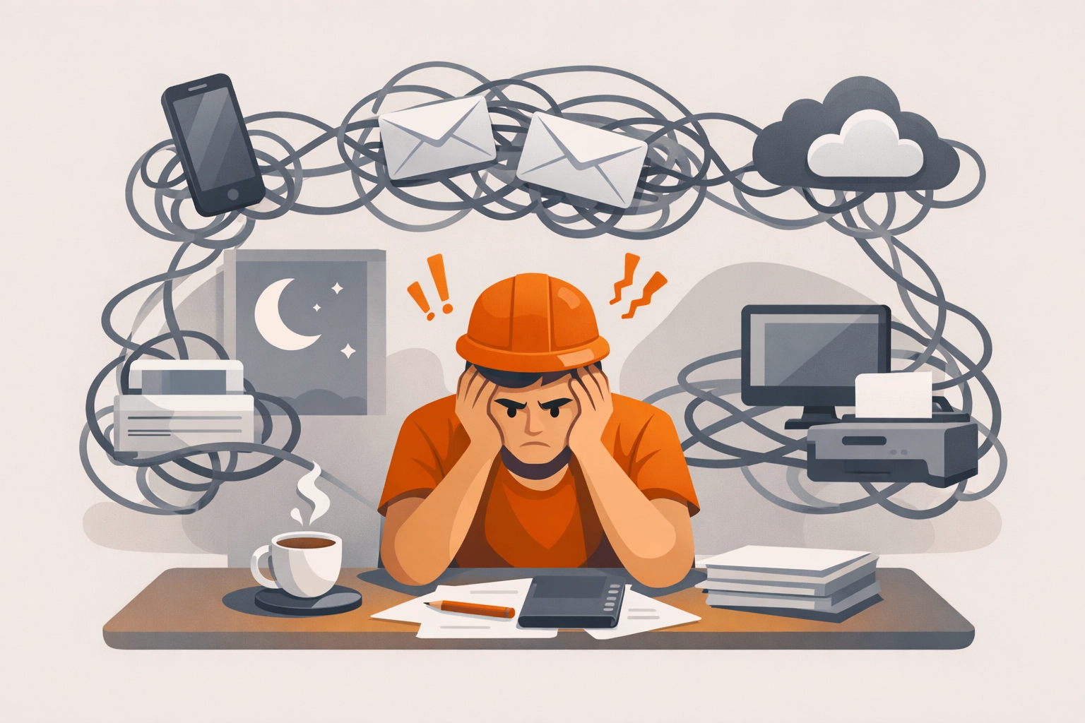 Frustrated contractor managing complicated photo documentation workflow with multiple devices