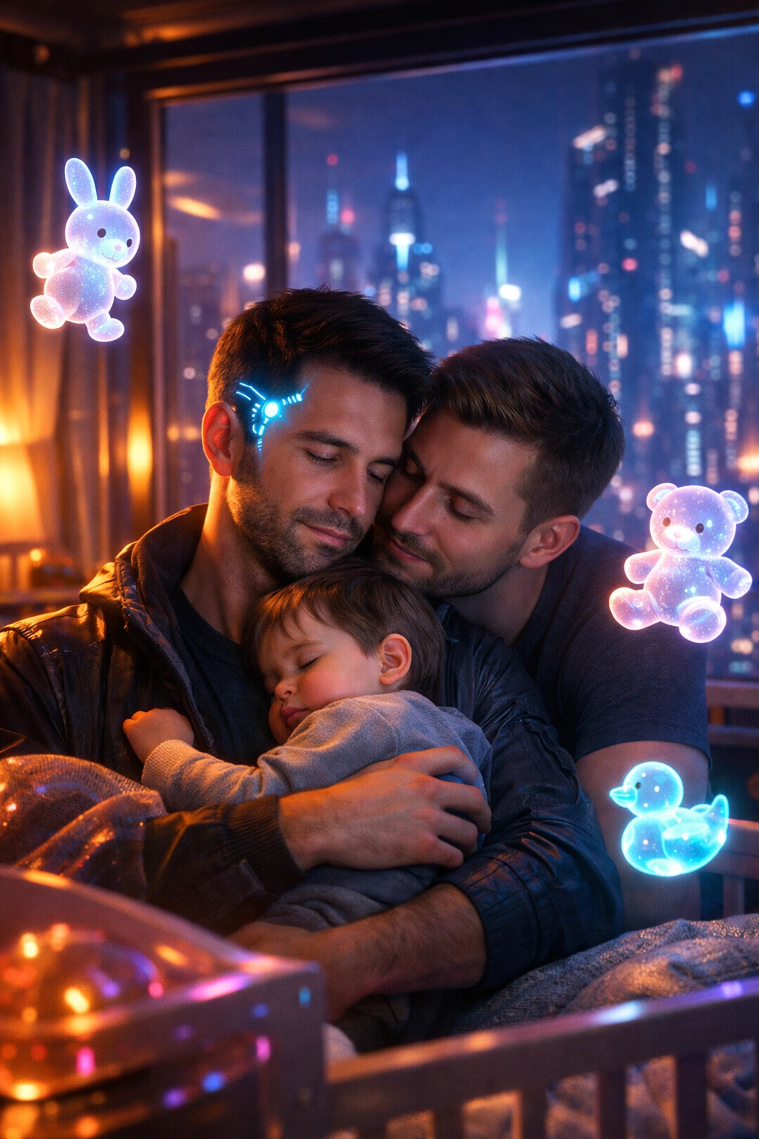 Two gay fathers caring for their child in a futuristic nursery, illustrating queer parenting in 2077.