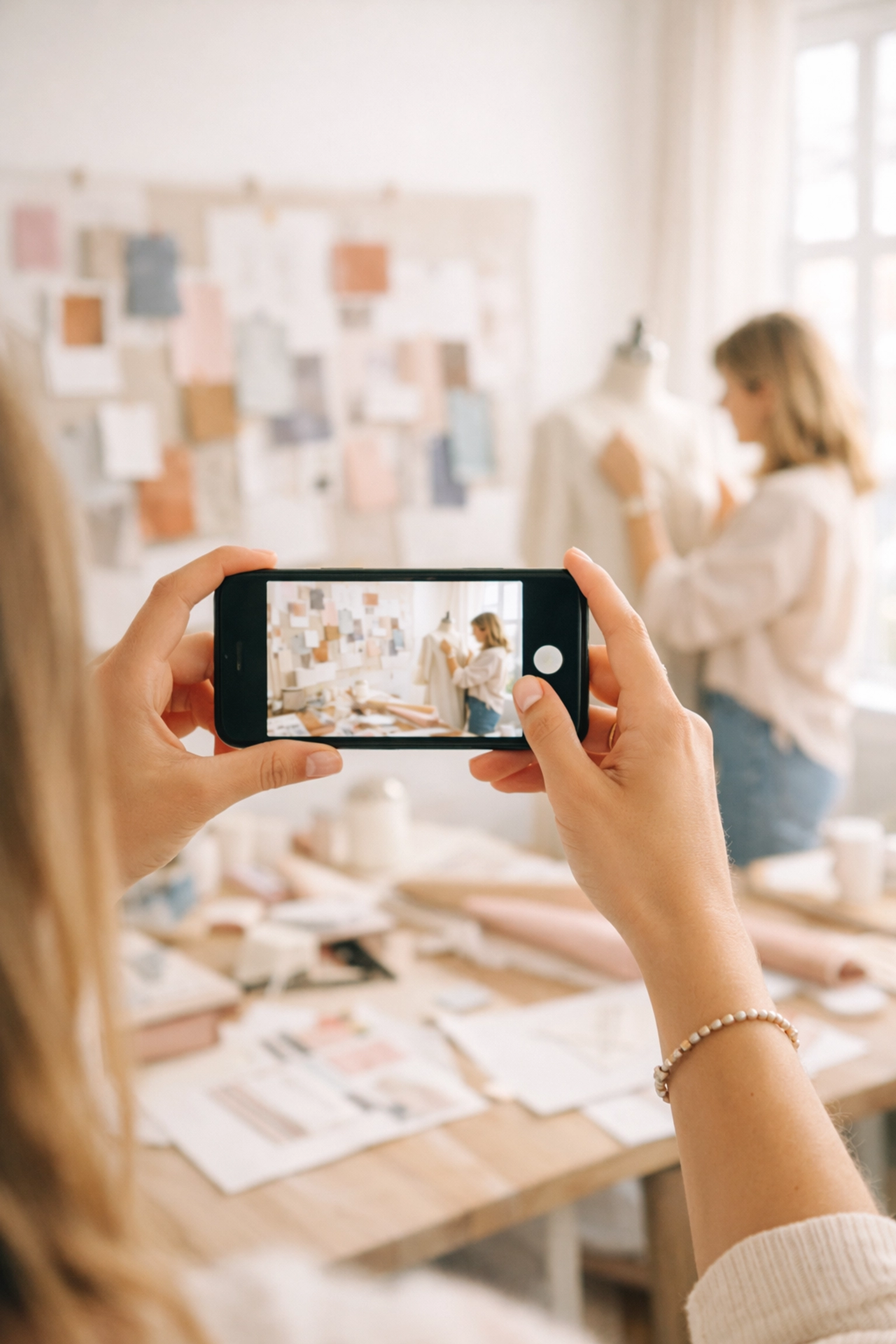 Creating authentic social media content behind-the-scenes in creative studio workspace