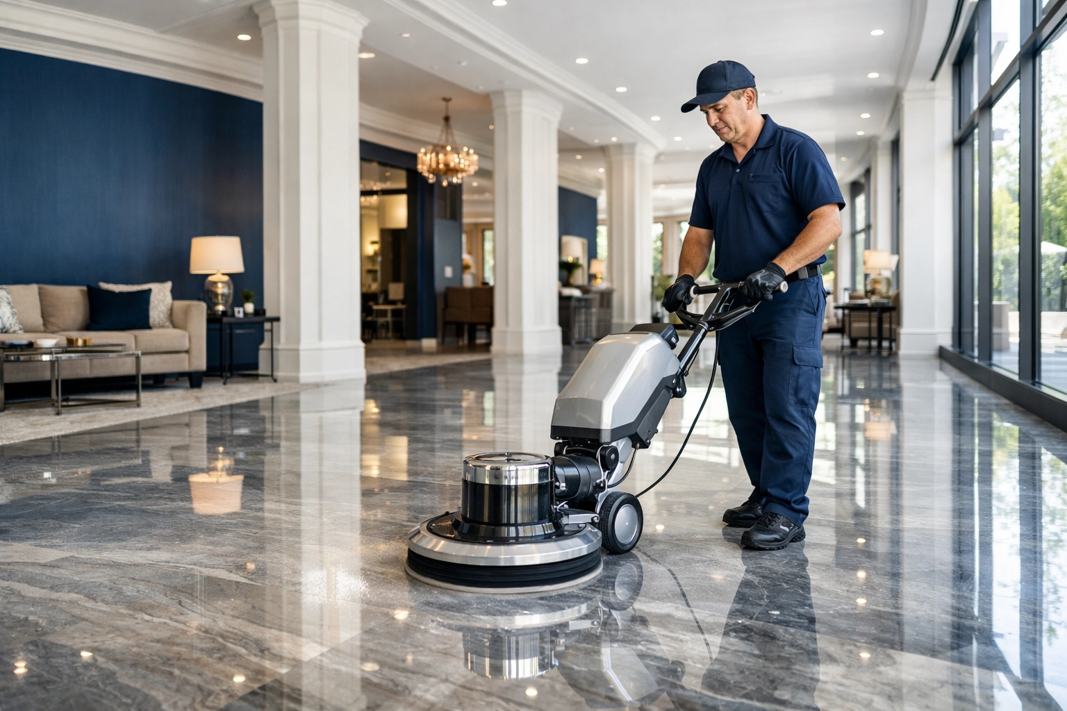 Professional floor polishing in a high-end apartment lobby for property maintenance and quality care.
