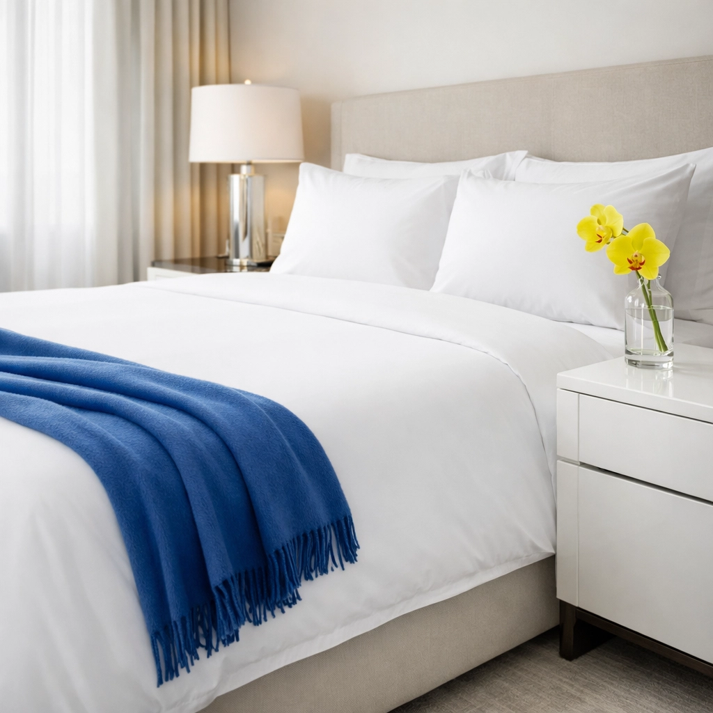 Pristine primary bedroom with crisp white linens, showcasing the white-glove luxury cleaning in Groton standard.