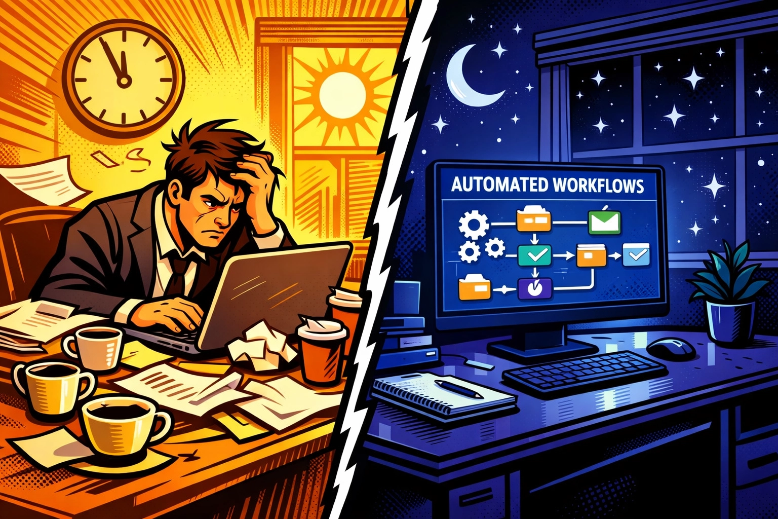 Manual lead generation chaos versus automated AI working overnight on lead qualification