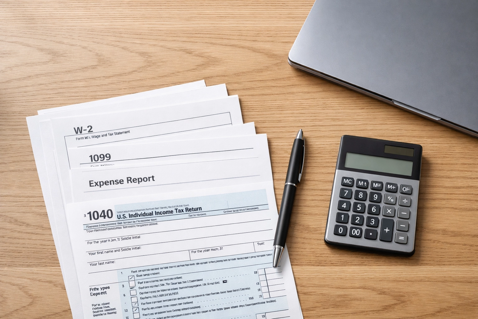 Organized tax documents and a 1040 form on a desk, illustrating professional tax preparation and controller services.