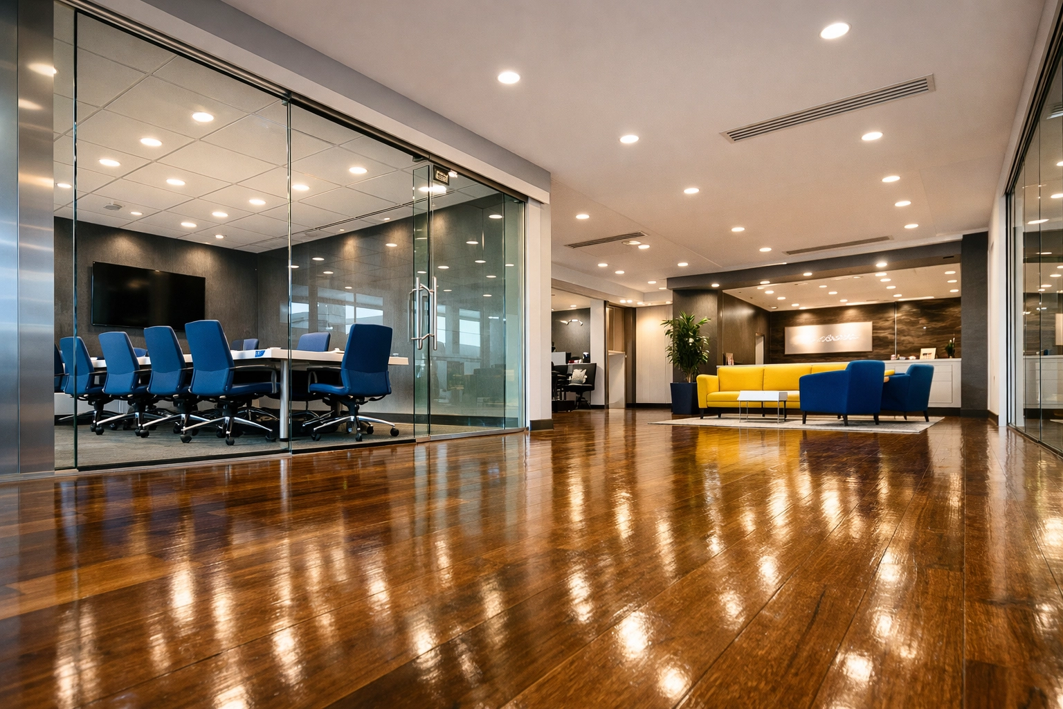 Modern Worcester office suite with polished floors reflecting high-quality office cleaning Worcester results.