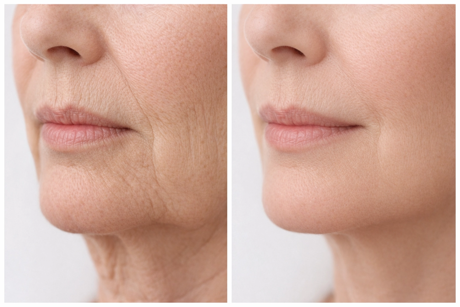 Before and after showing visible lifting and smoothing of skin laxity and wrinkles in a woman over 40