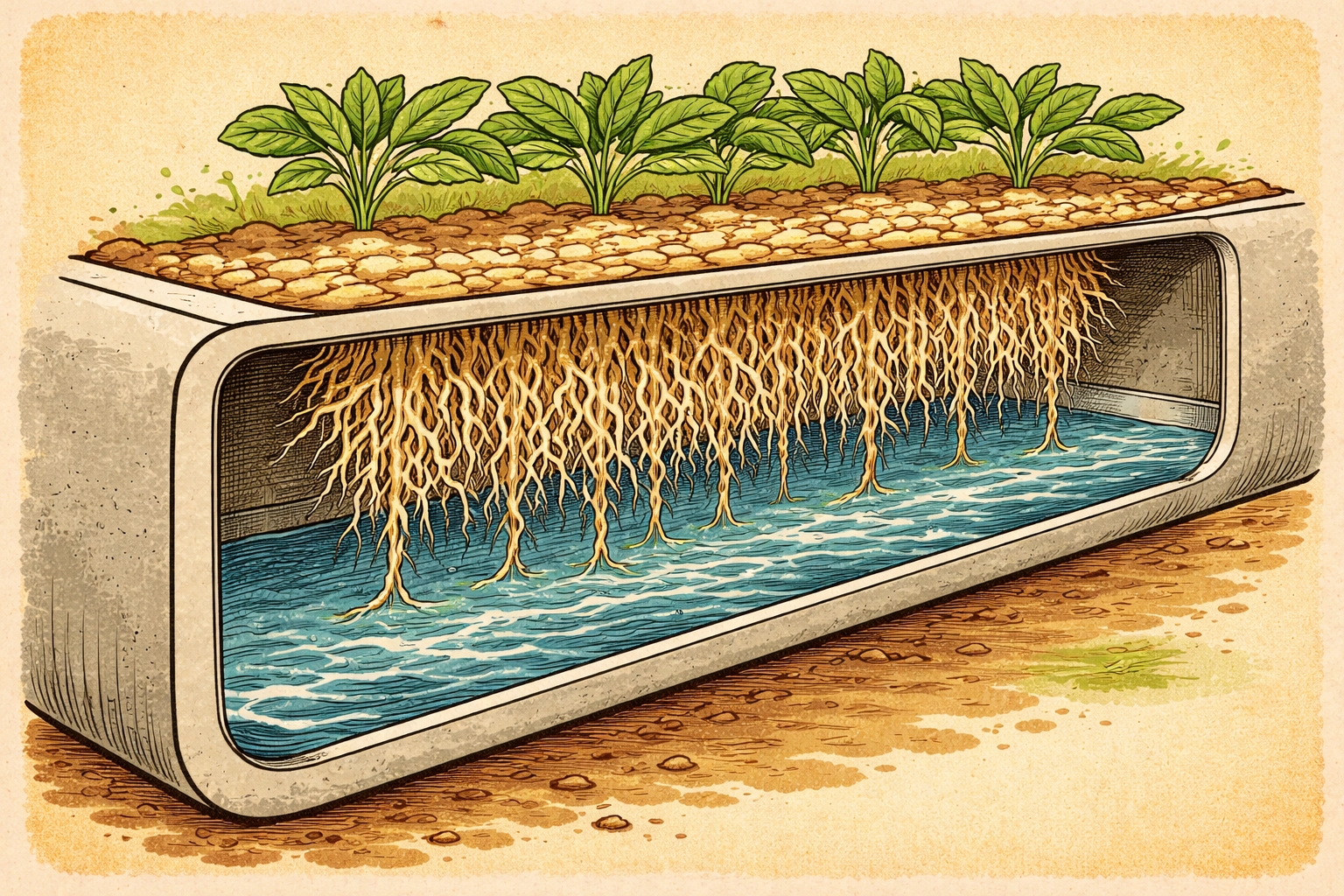 Cross-section illustration of NFT channel with root mat and thin nutrient water film, highlighting plant roots exposed to air and water.
