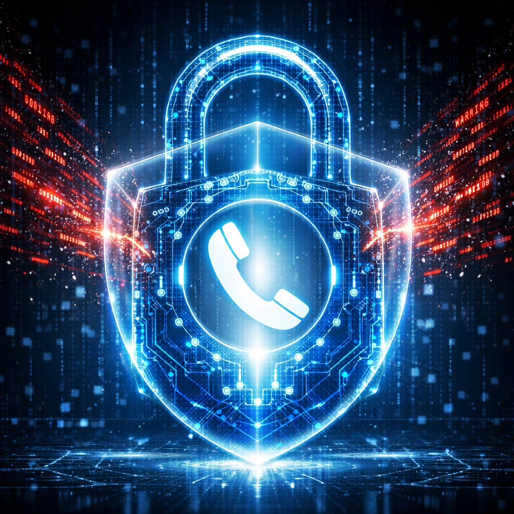 Conceptual padlock securing a digital phone, illustrating secure business VoIP Canada and SIP trunking encryption.