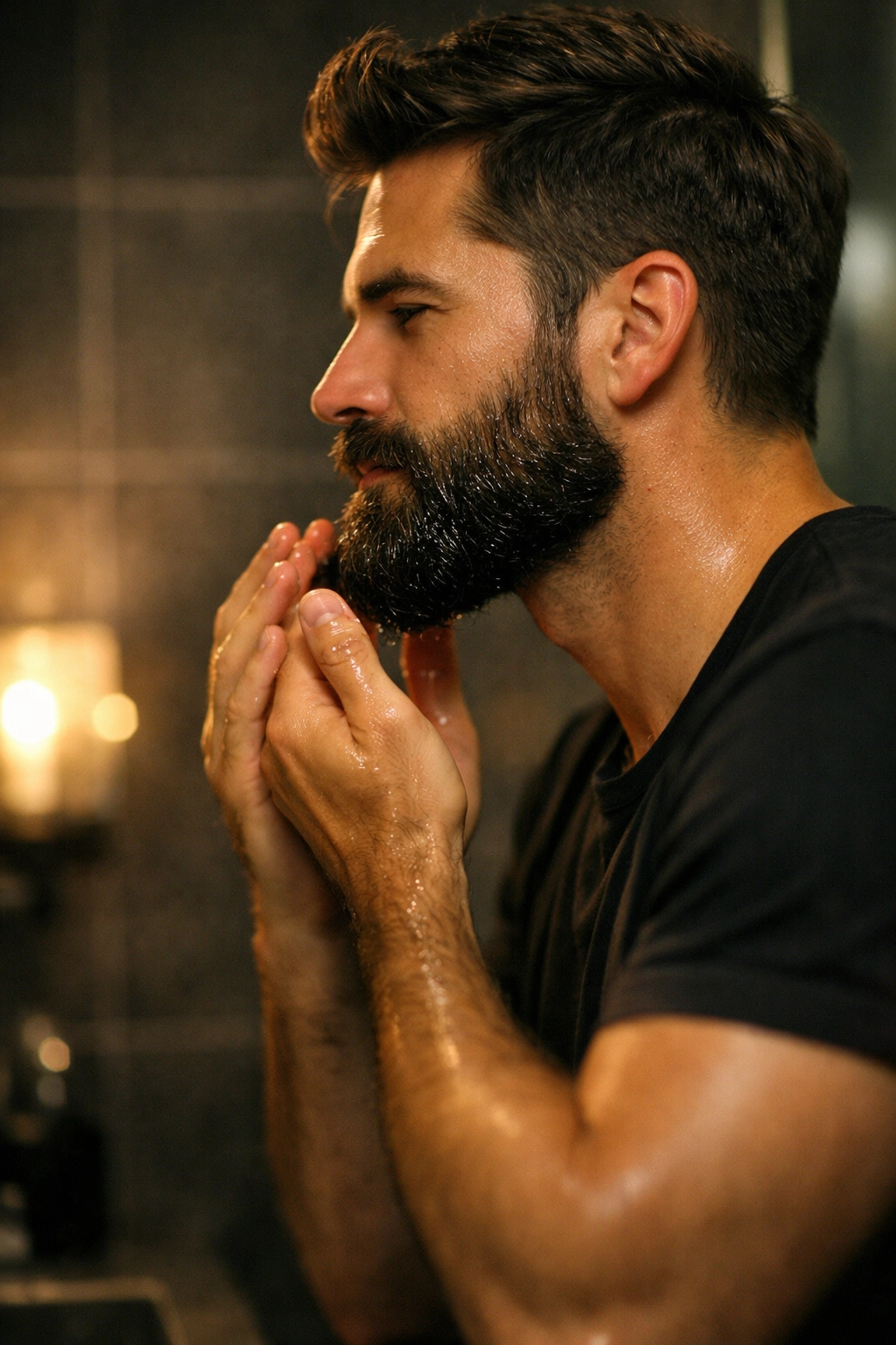 A man applying premium beard oil to his beard as part of a daily long-lasting grooming ritual.