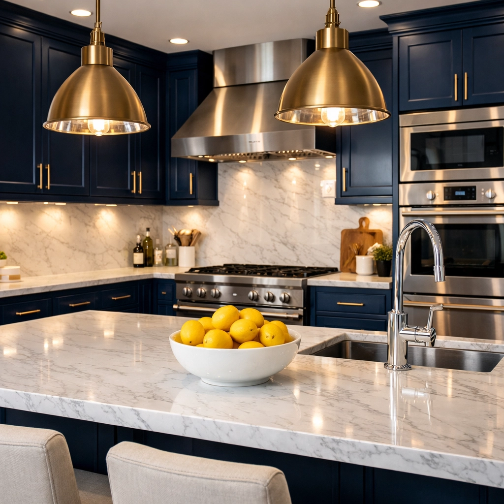 Sparkling clean gourmet kitchen with white marble counters and polished fixtures in a Lincoln home.