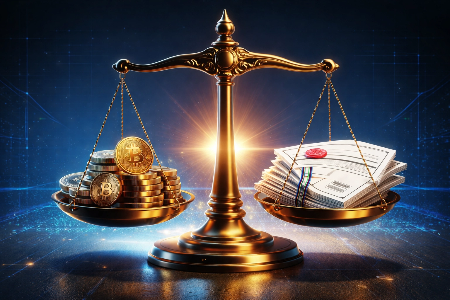 Scale of justice balancing cryptocurrency coins and regulatory documents symbolizing US compliance requirements