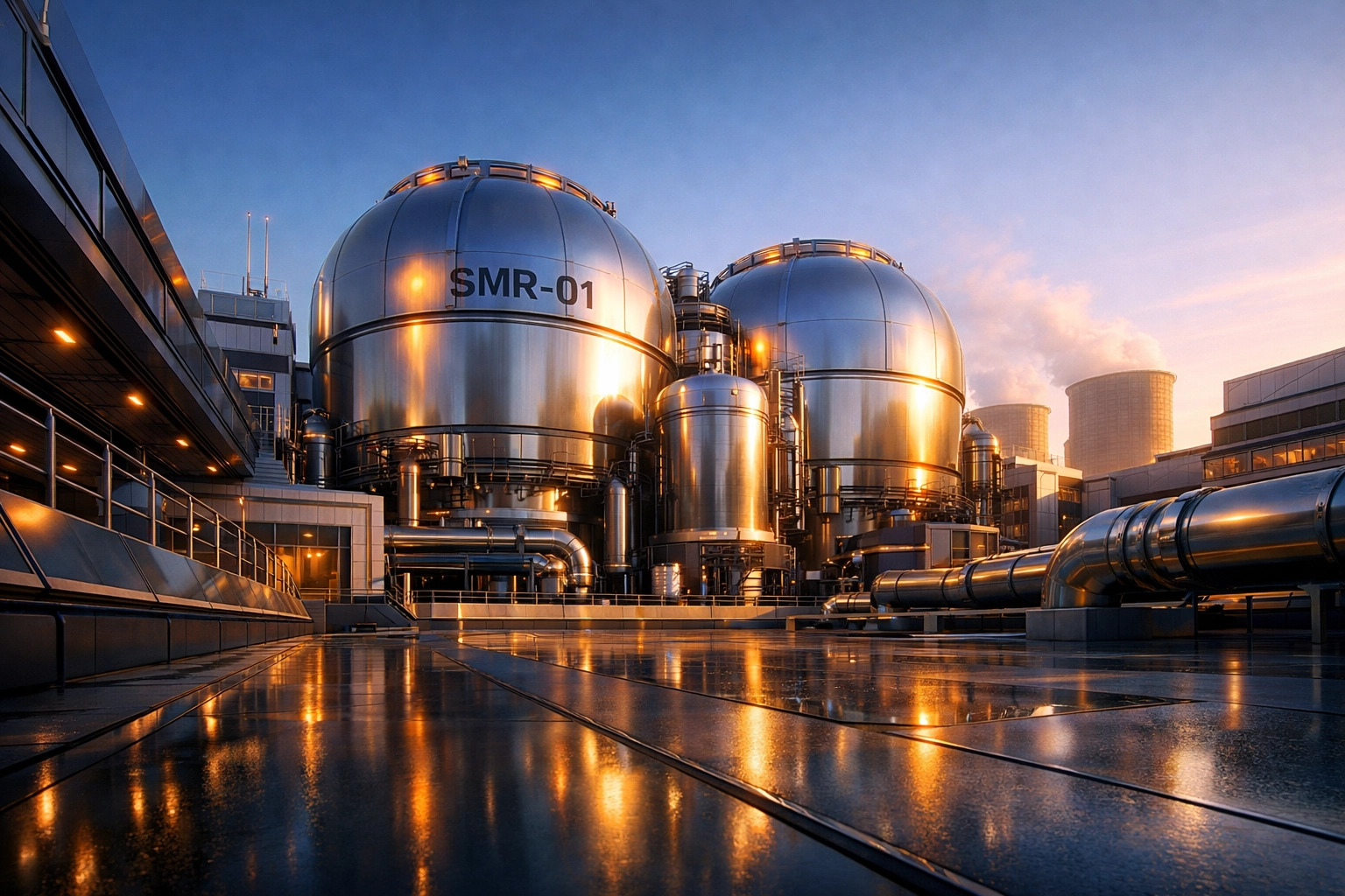 Modern small modular reactor facility highlighting the role of nuclear energy in the clean energy transition.