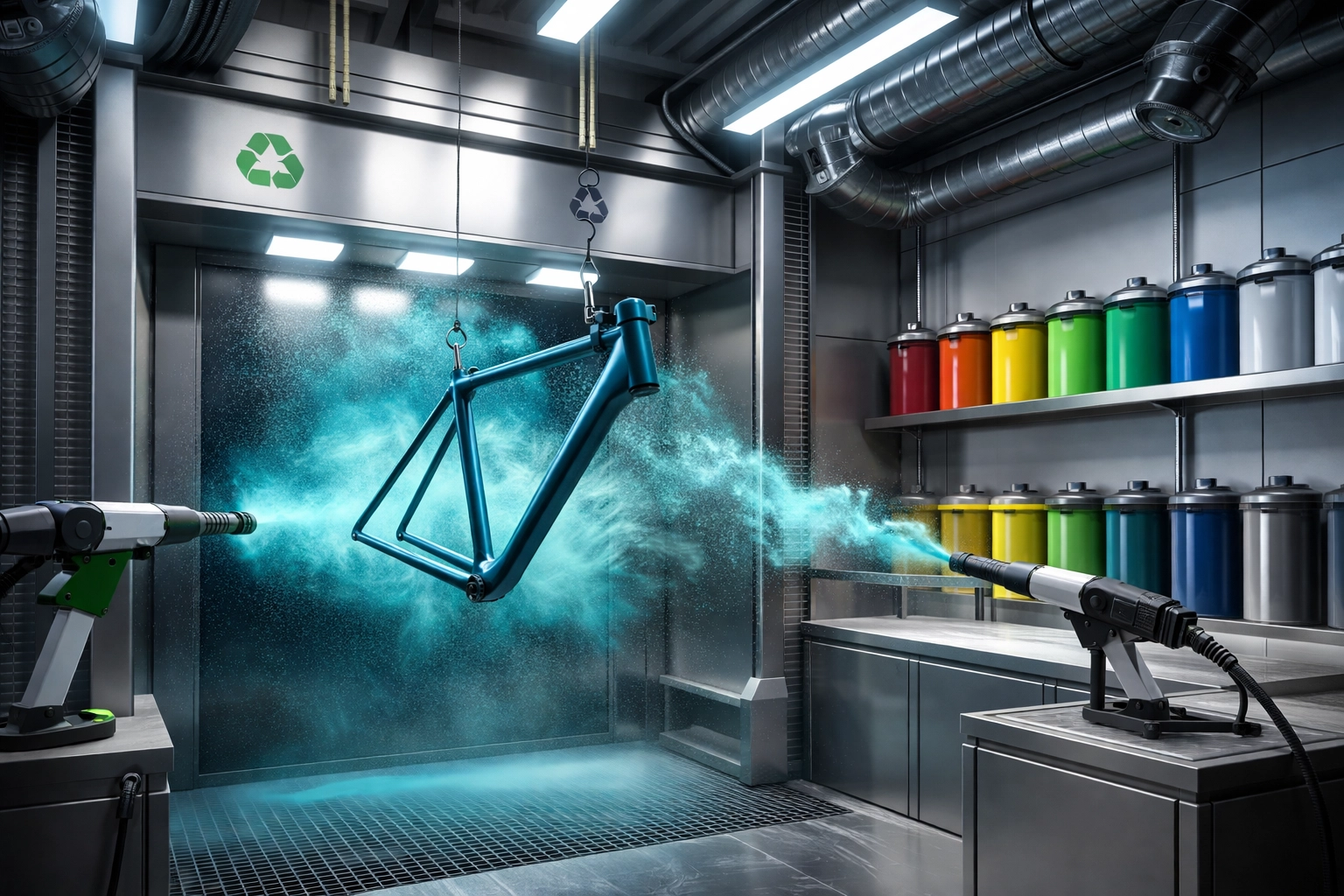 Powder coating workshop with suspended bike frame, highlighting eco-friendly bicycle powder coating process.