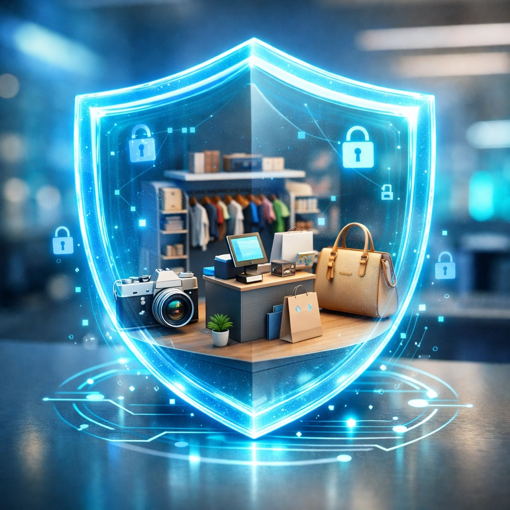 Digital shield protecting an e-commerce workspace and inventory items like a designer handbag and vintage camera.
