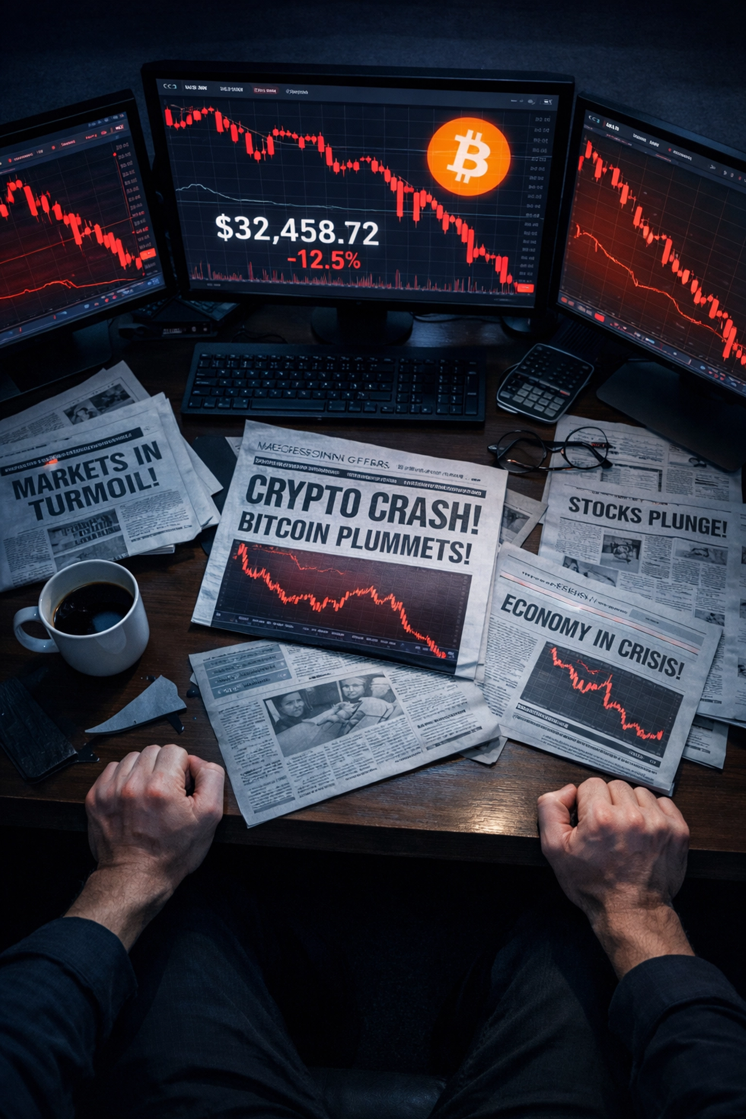Trading desk with red Bitcoin charts showing institutional investor panic during market downturn