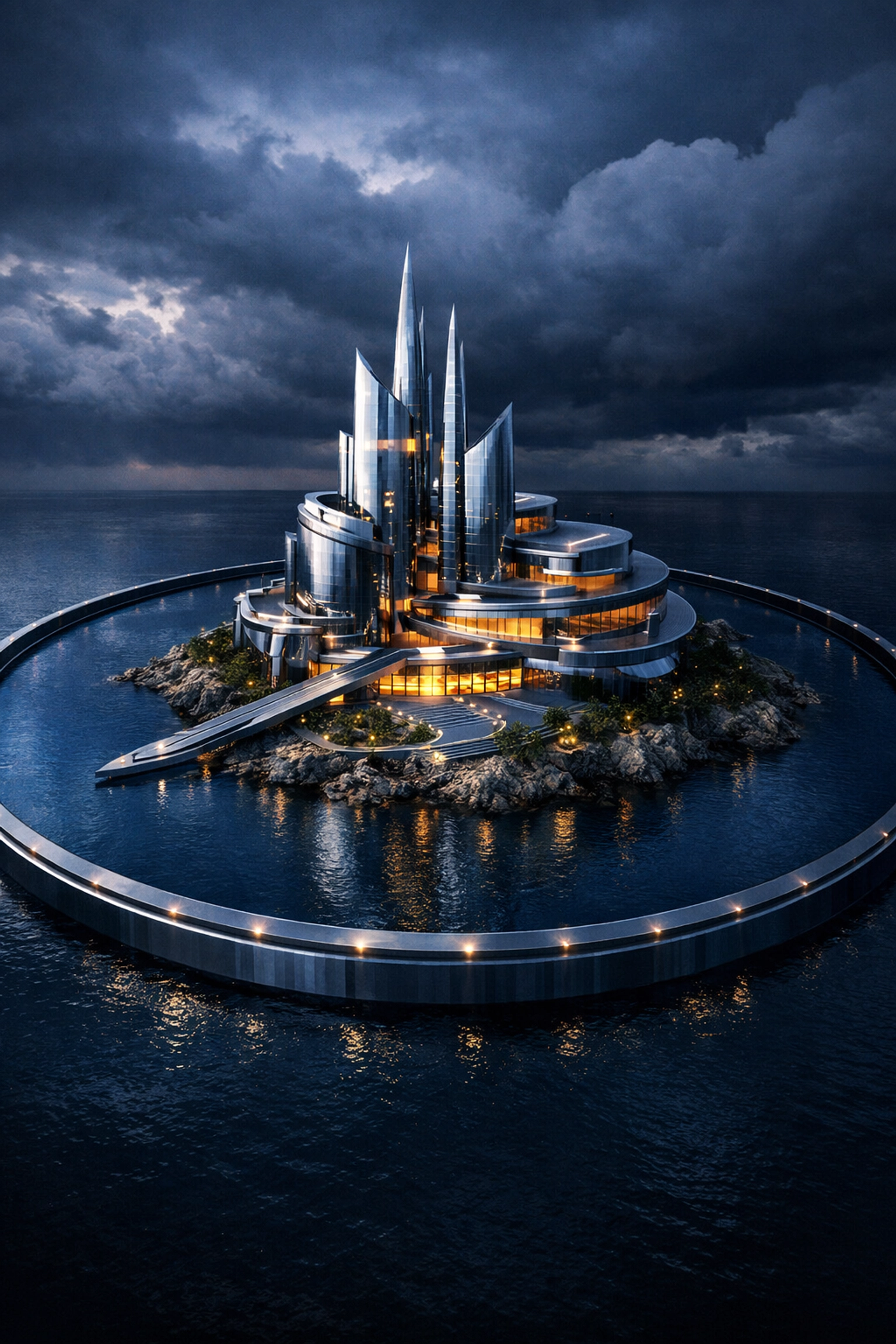 Modern glass fortress with a protective moat illustrating market defensibility during the Series A paradox.