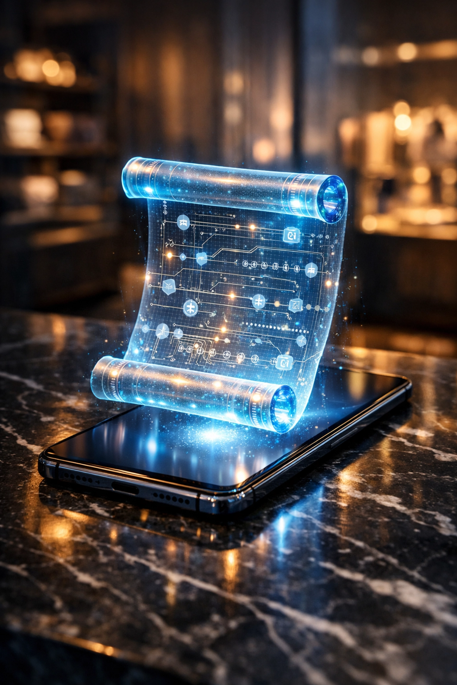 Larecoin NFT receipts displayed as a holographic digital ledger on a smartphone for secure Web3 business accounting.