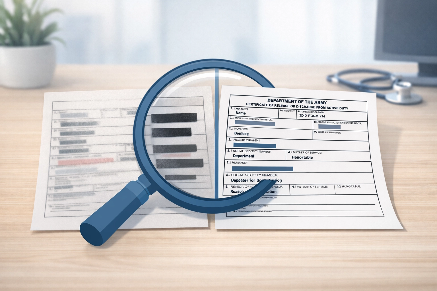 DD214 Member-1 and Member-4 copies side by side showing redacted vs complete discharge information