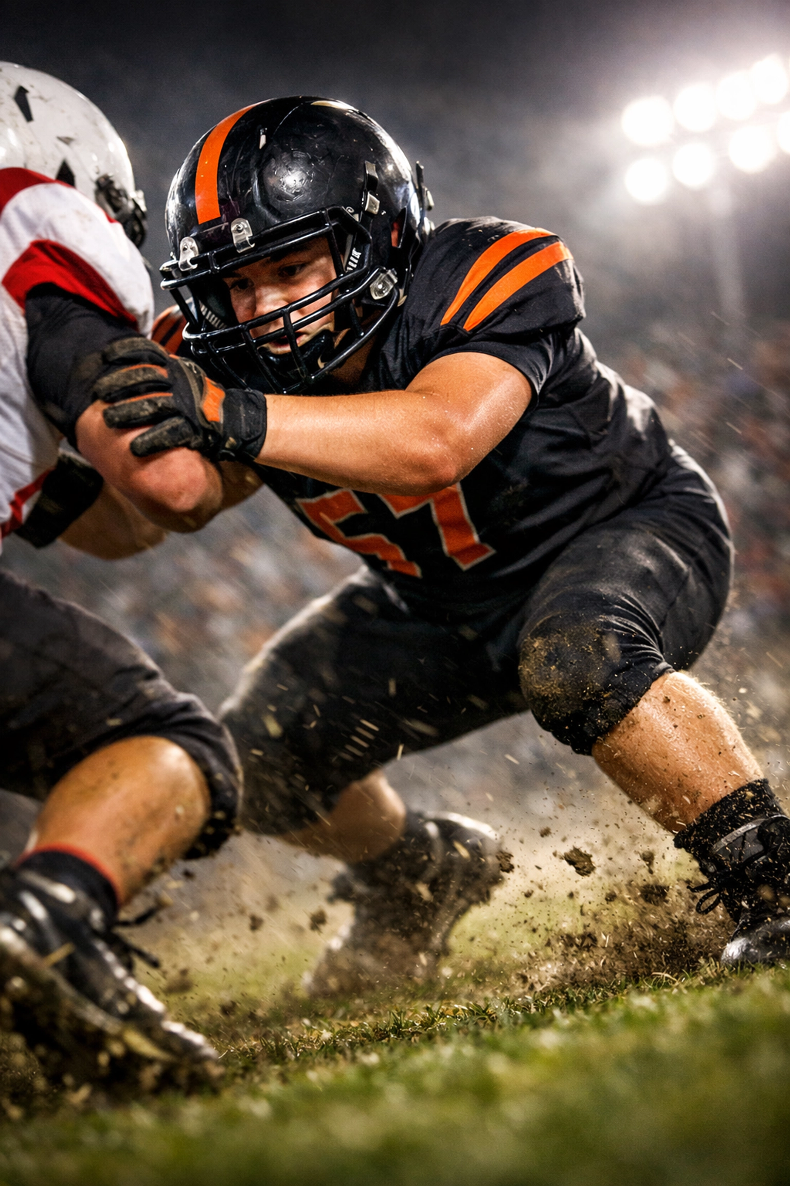 Young offensive lineman executing proper blocking technique during youth football game