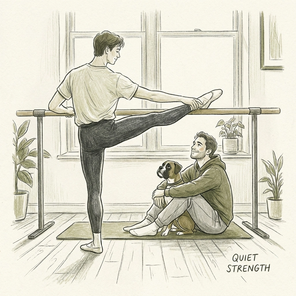 Male ballet dancer stretches at barre while boxer boyfriend watches admiringly
