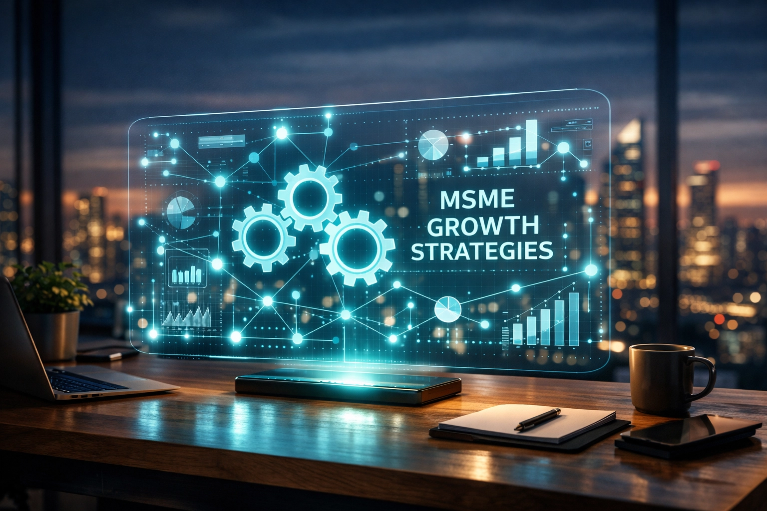 Digital dashboard and gear icons above a desk, visualizing technology-driven MSME growth strategies.