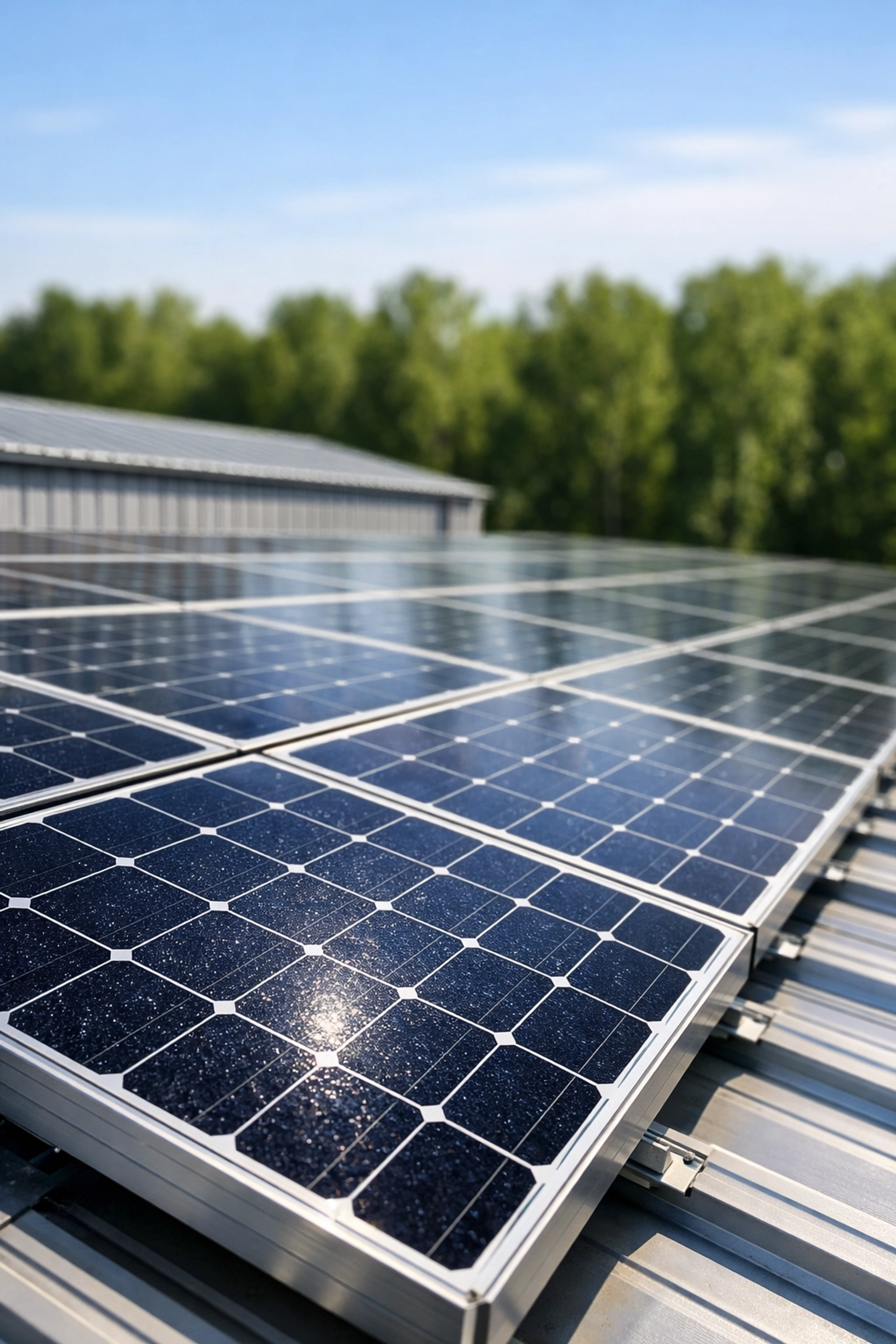 High-efficiency solar panels on an industrial warehouse roof demonstrating low-maintenance renewable energy.