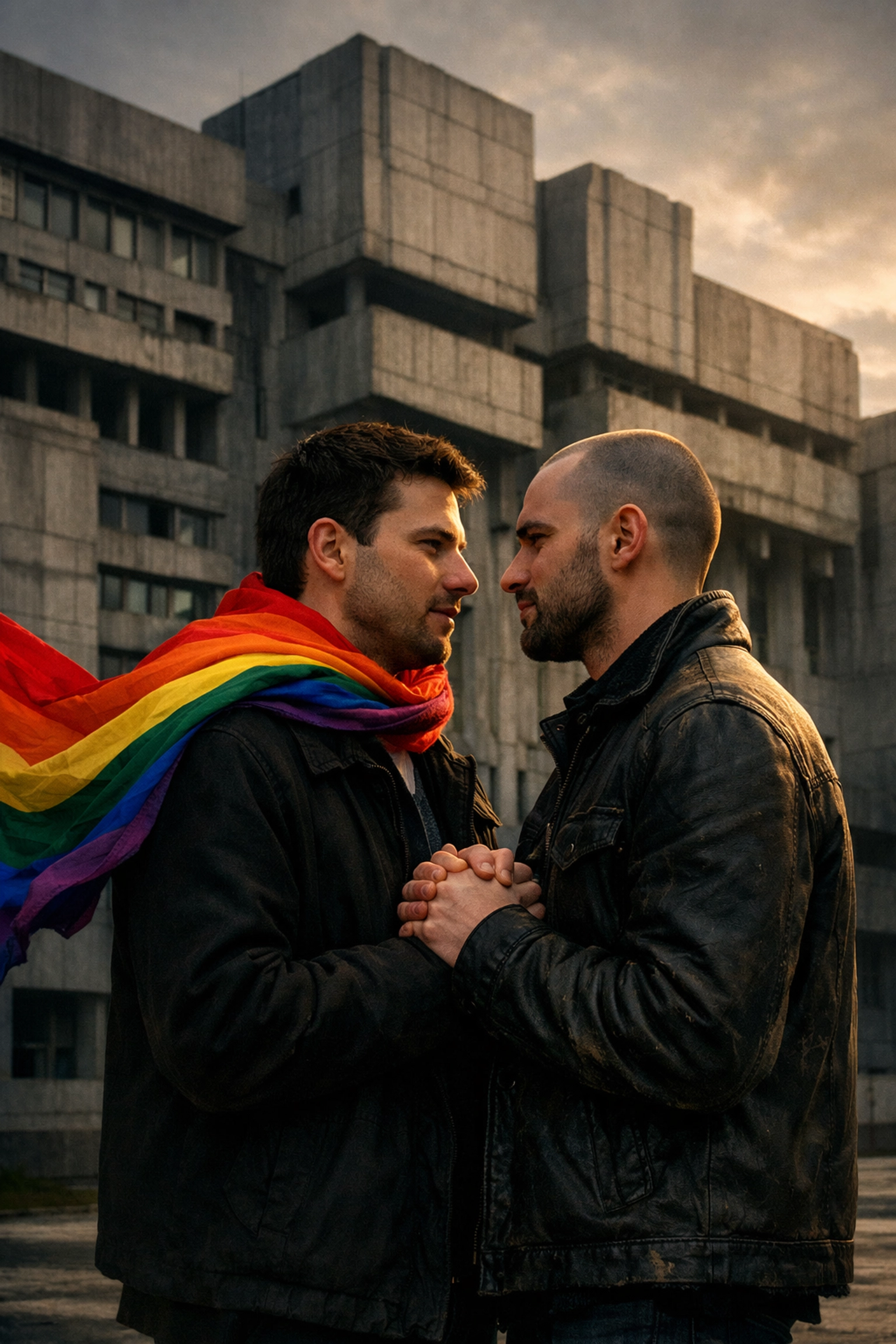 Gay couple with a rainbow scarf before a Soviet building, symbolizing LGBTQ+ resilience in Eastern Europe.