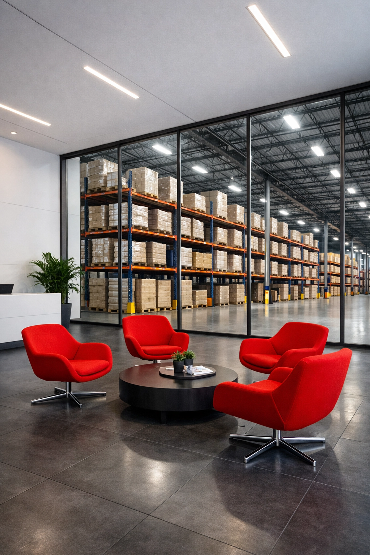 Clean, modern storage facilities business interior with organized warehouse pallet racks in Hertford.