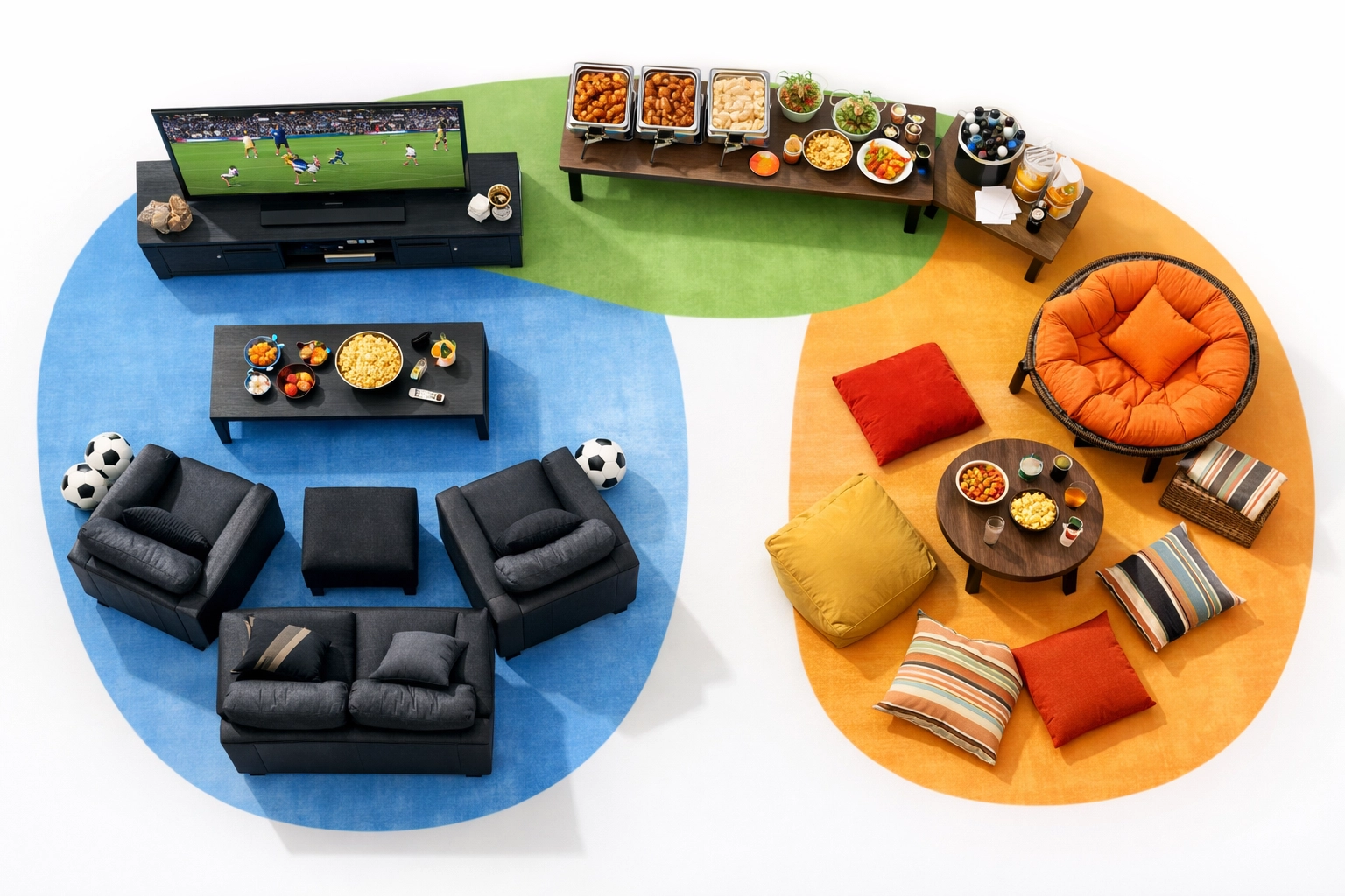 Organized viewing party layout with designated seating, food service, and socializing zones