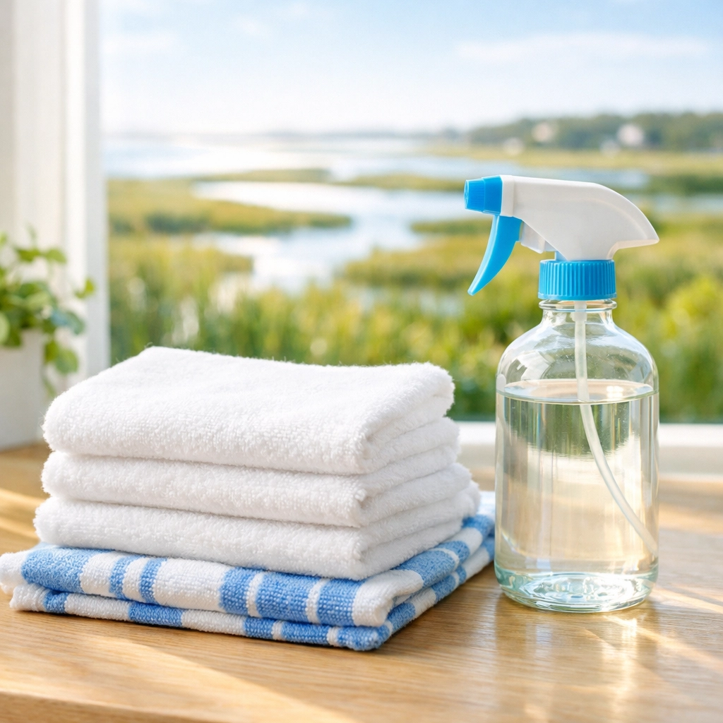 Eco-friendly cleaning supplies in an Orleans home, safe for coastal environments and families.