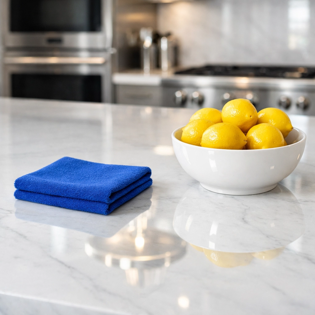 Polished marble kitchen island detail highlighting thorough bi weekly house cleaning for Concord residents.