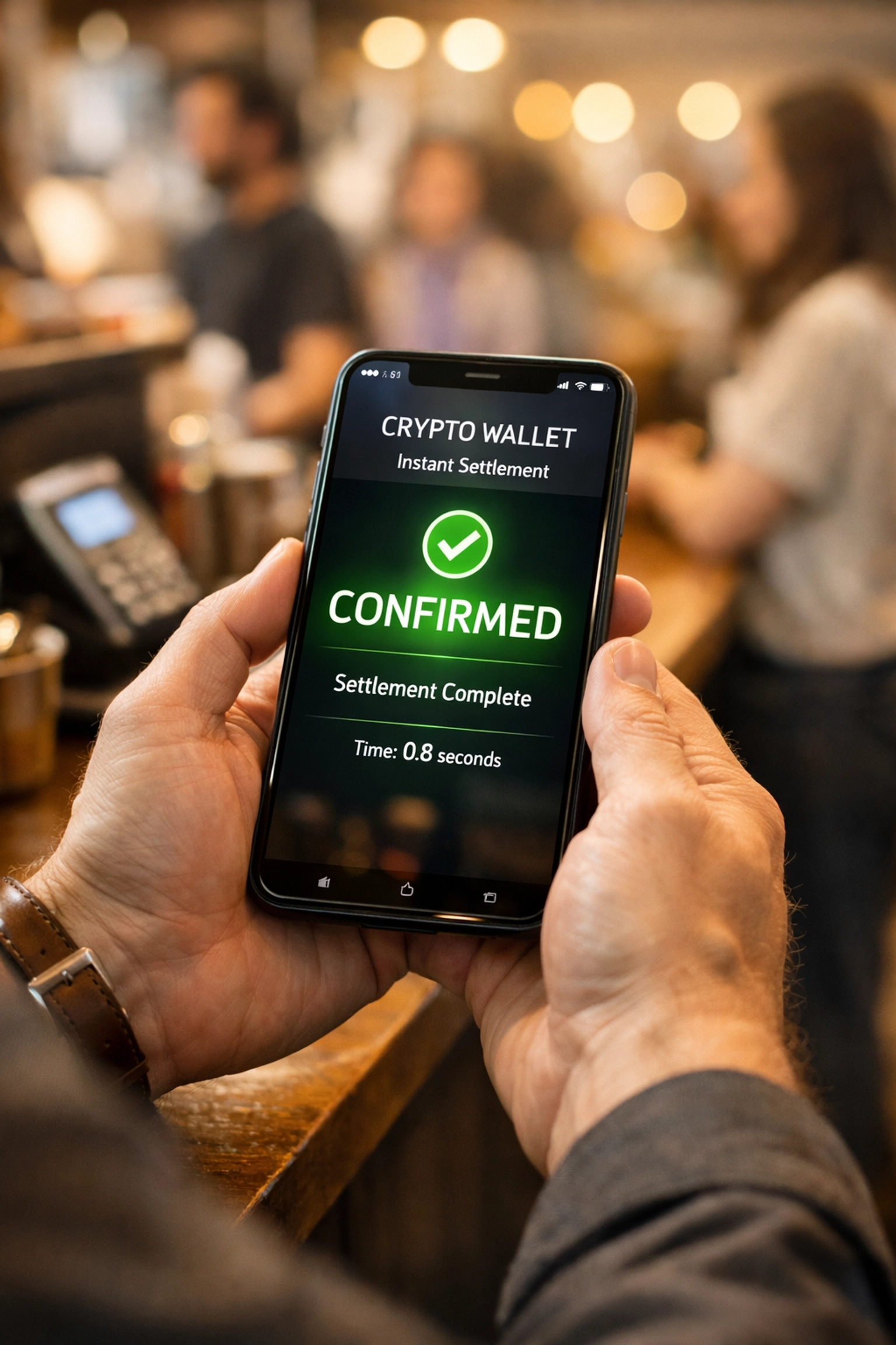 Small business owner viewing instant crypto payment settlement on smartphone at retail counter
