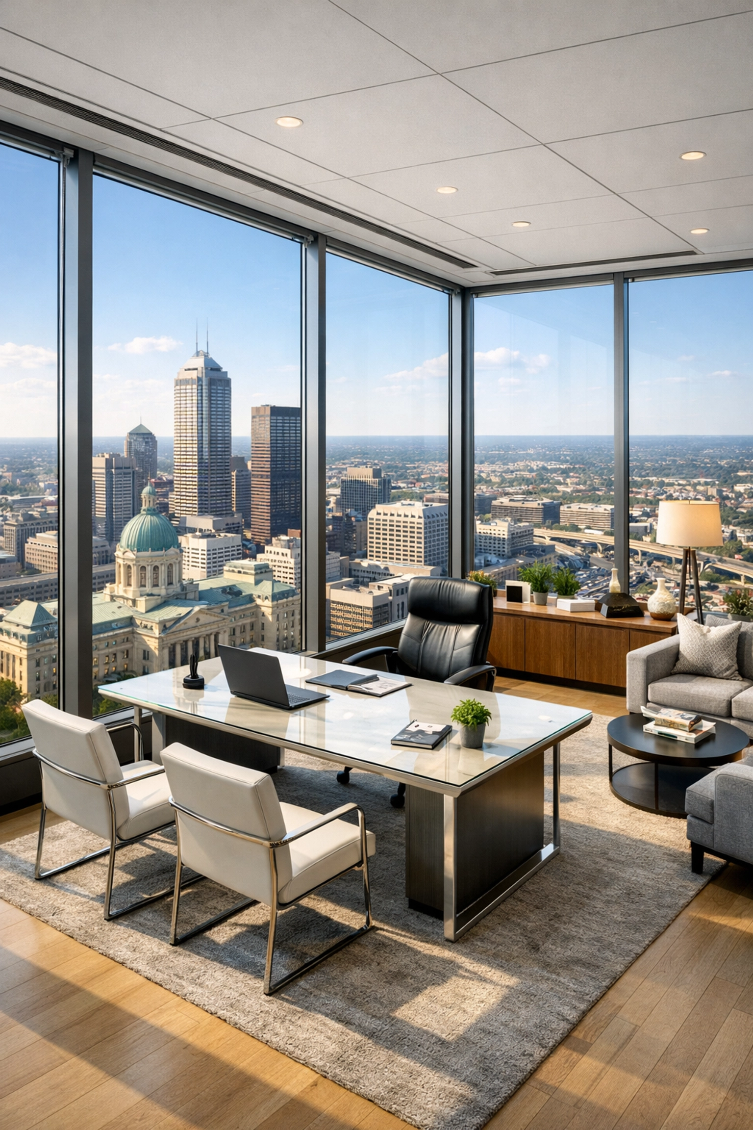 Luxury executive suite in an Indianapolis skyscraper maintained by professional commercial cleaners.