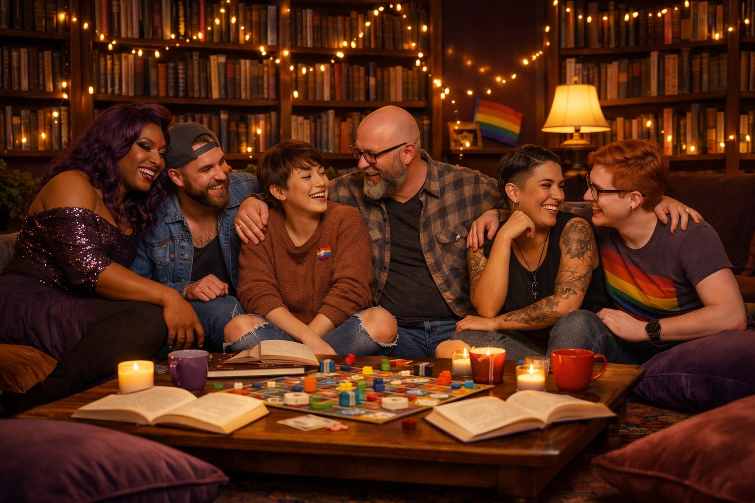 A diverse group of queer friends at a gay book club, sharing their love for MM romance novels and community.