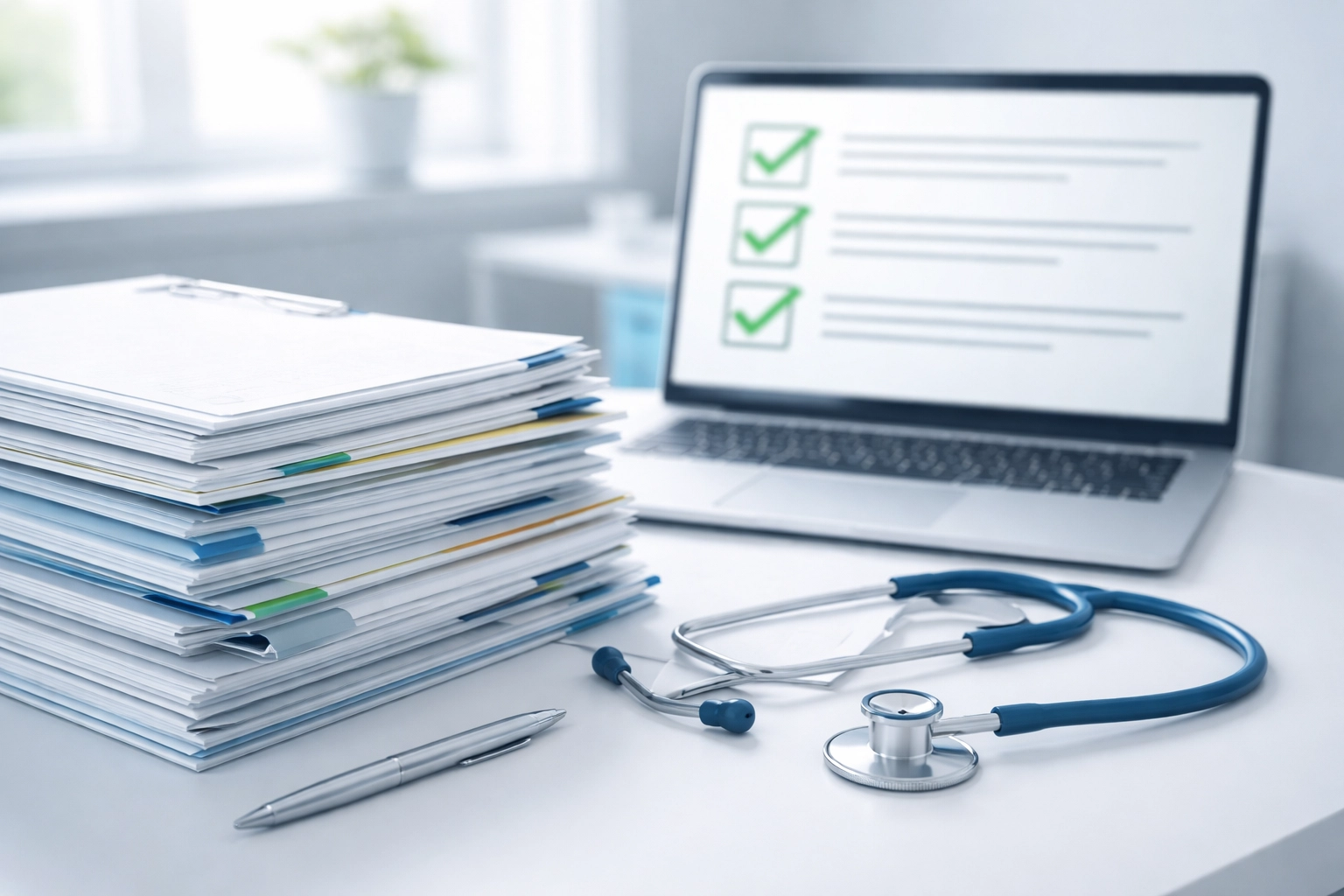Medical audit setup with patient charts, folders, and laptop displaying compliance checkmarks, highlighting audit-proof documentation.
