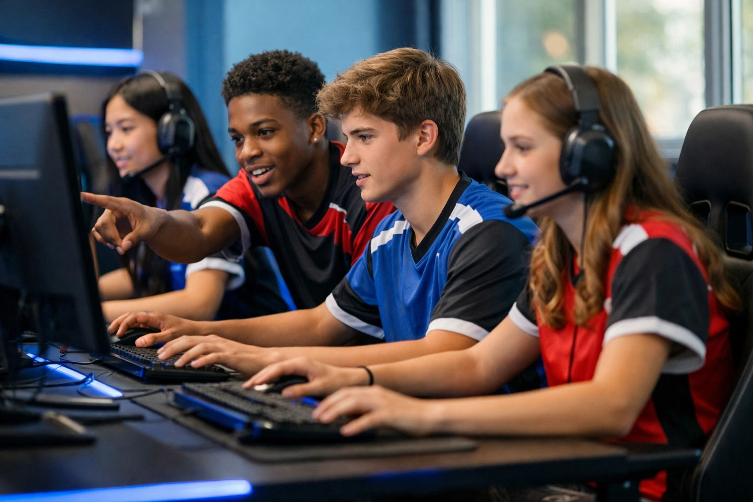 High school students collaborating in a modern esports lab for educational growth and sponsorship.