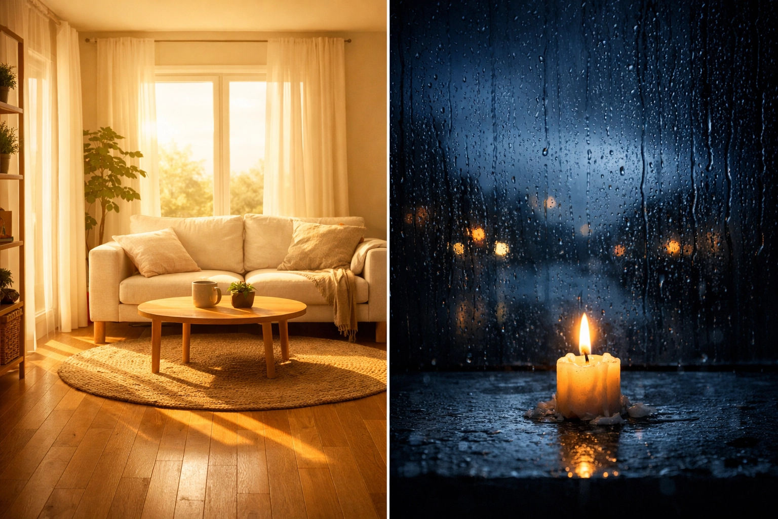 A split scene comparing a secure sunny home to a dark rainy window, showing the impact of life insurance for parents.