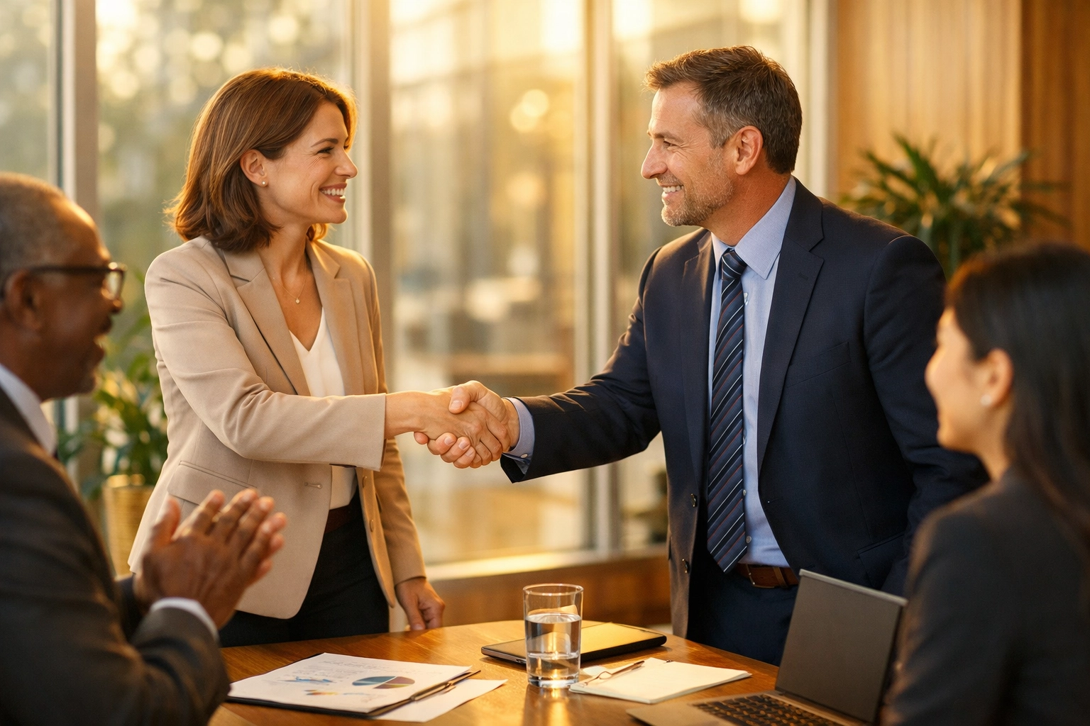 Business owner and financial consultant shaking hands, representing a trusted invoice factoring partnership.