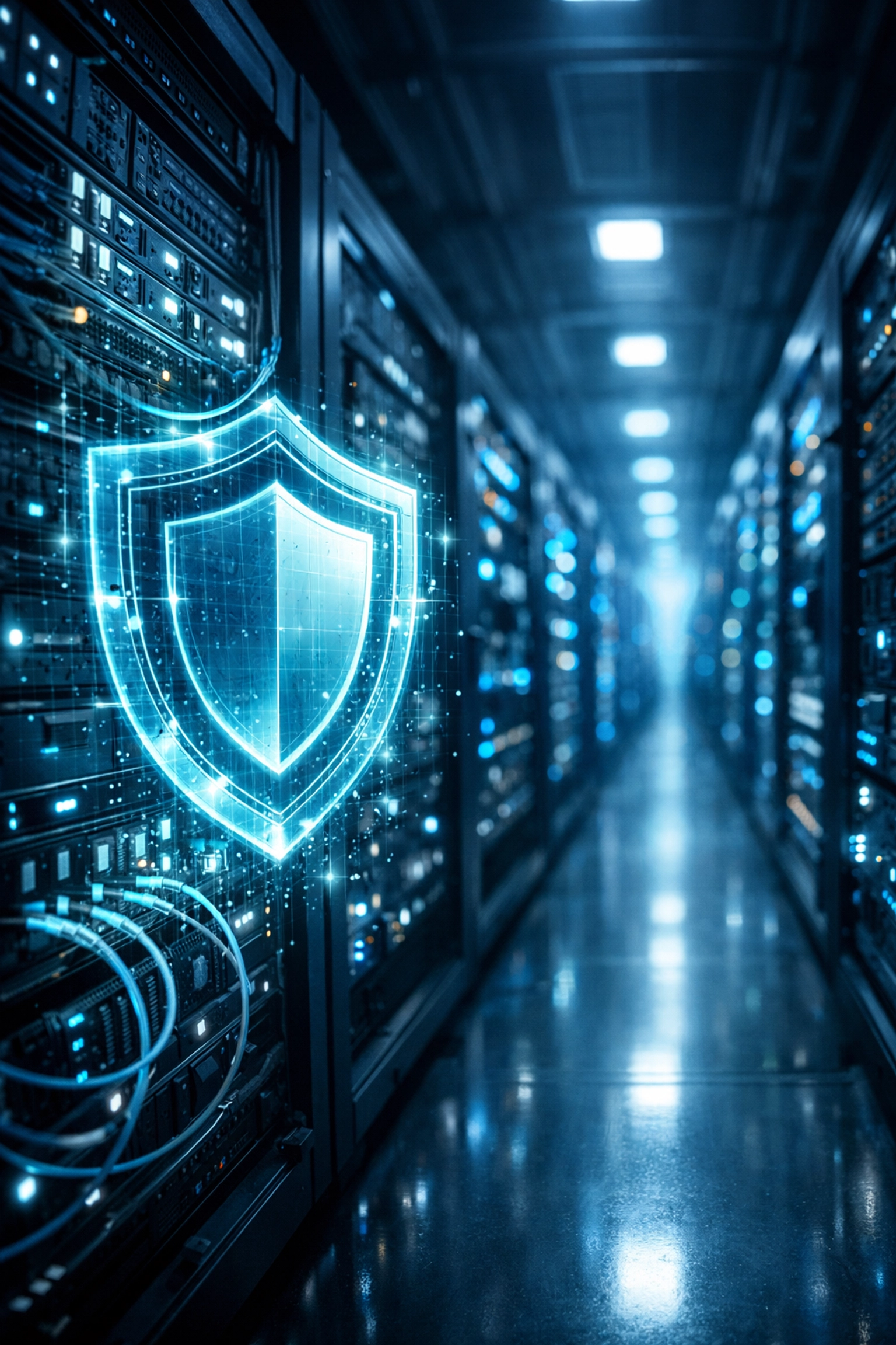 Protected server room showing network security infrastructure with layered defense systems