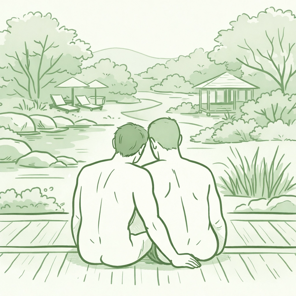 Gay couple at peaceful naturist resort deck - body positivity and emotional LGBTQ+ connection