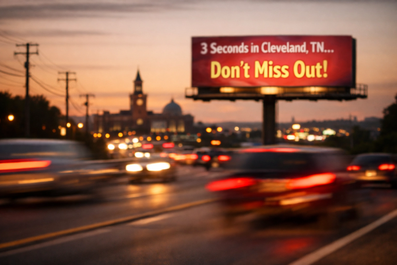 Highway billboard in Cleveland TN with cars speeding past at dusk