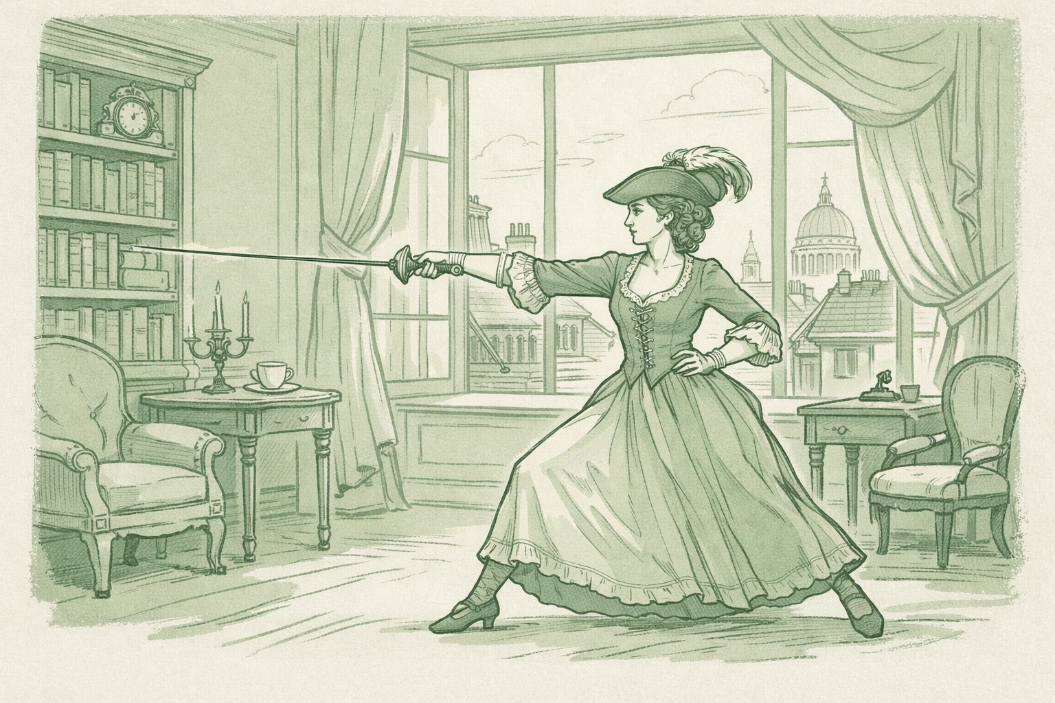 Chevalier d'Éon fencing in women's dress in London, living authentically as transgender woman