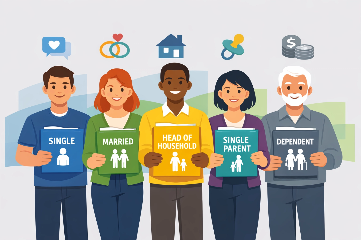 Five tax filing status options illustrated for 2026 tax planning and refund maximization