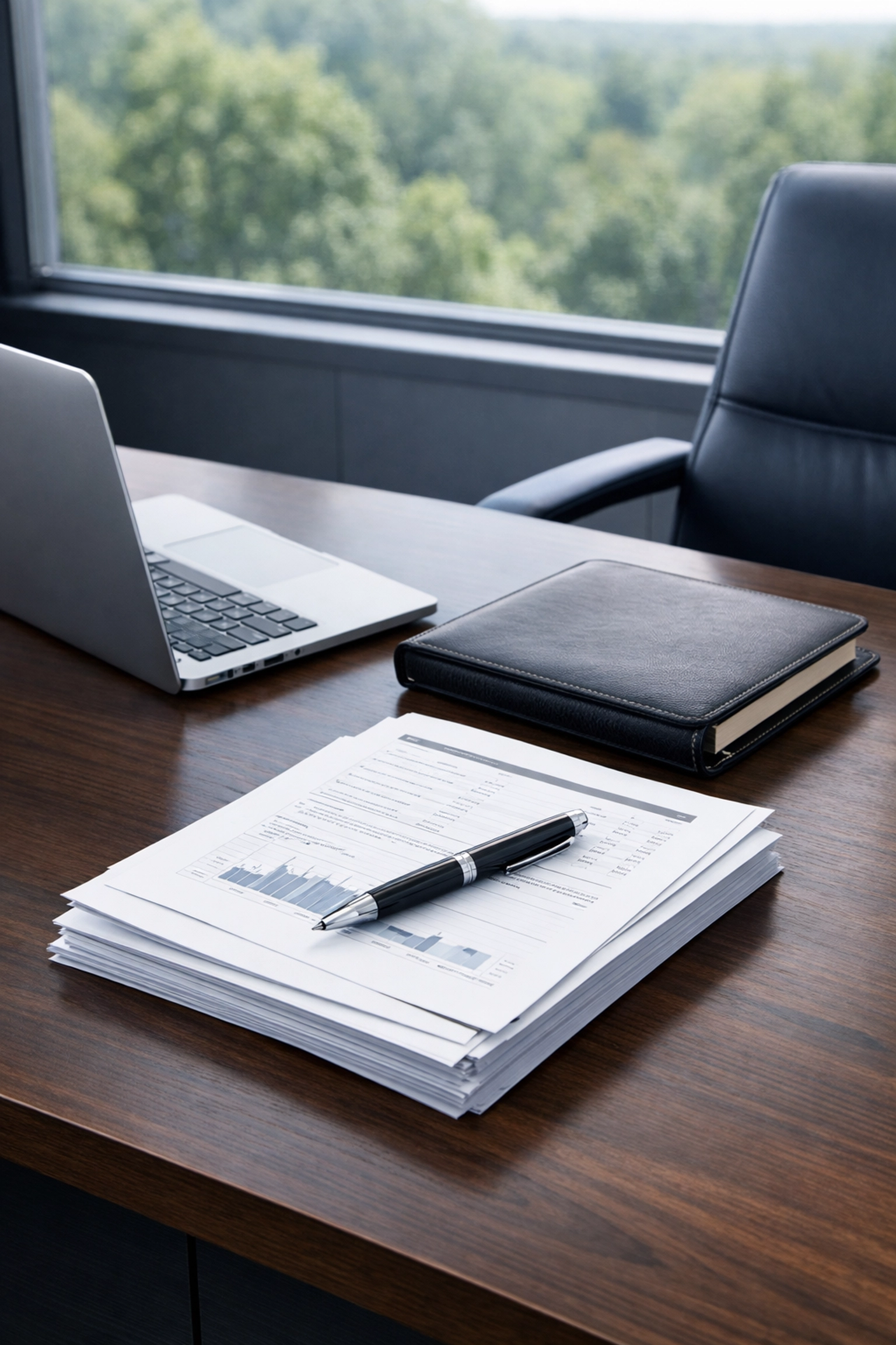 Organized financial documents and ledger on an executive desk for a professional business valuation in North Carolina.