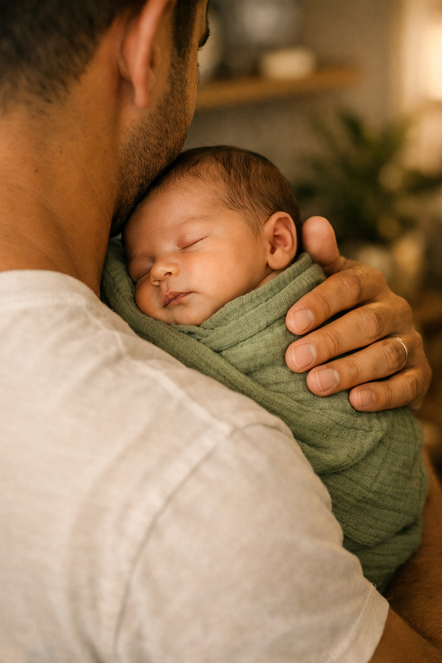Confident father cradling a newborn baby, showing the family benefits of professional postpartum doula services.